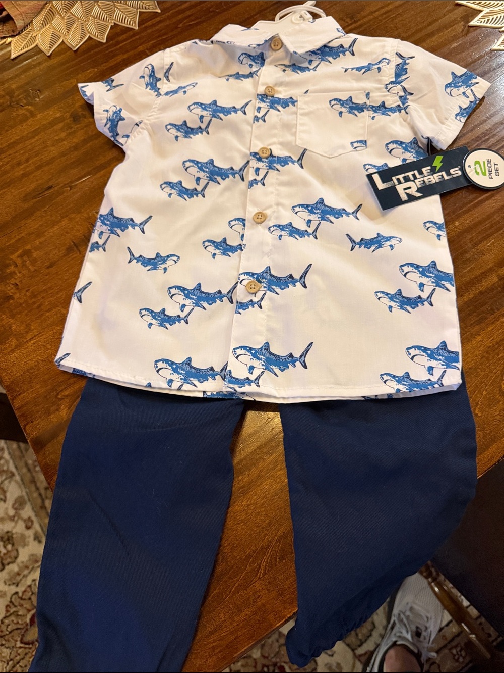 NWT LITTLE REBELS Blue Shark Print Shirt & Navy Pants Kids Matching Set